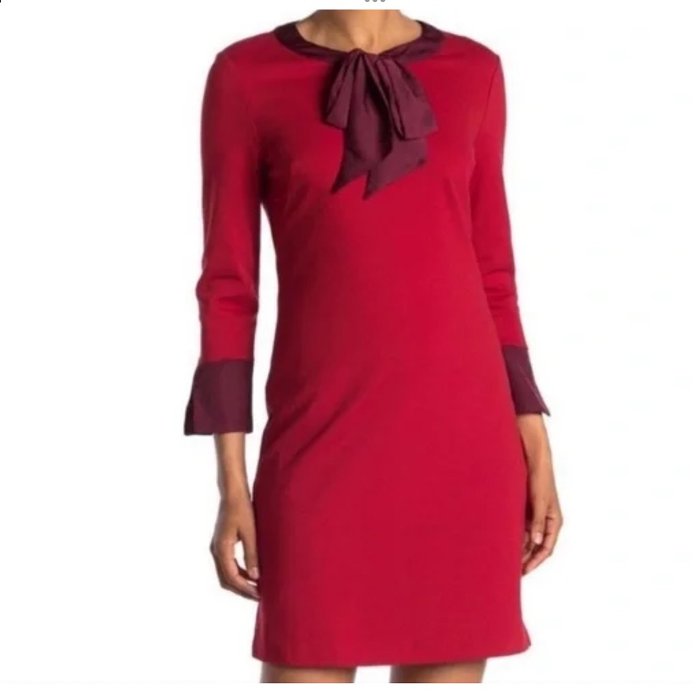 Boden Josie Red Maroon Purple Bow Detail Tie Neck Ponte Knit Sheath Dress SZ 12
